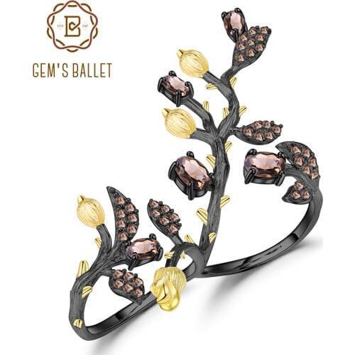 GEMS BALLET 925 Sterling Silver 1.57Ct Natural Smoky Quartz Adjustable Ring Statement Tree Double Finger Rings for Women Bijoux