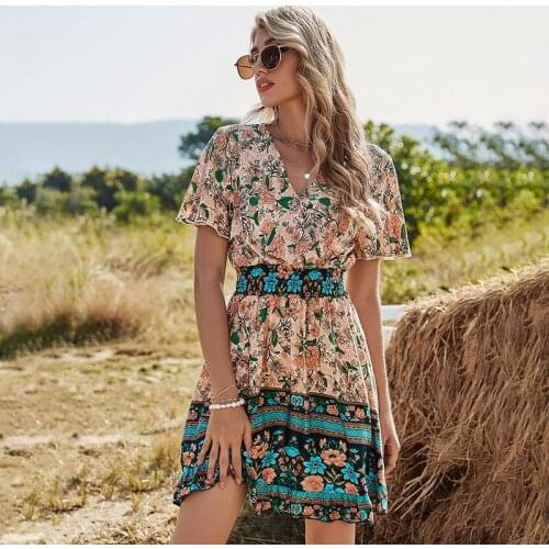 2021 Spring New Bohemia Floral Dress Women Casual V Neck High Waist Short Sleeve Print Dress For Women Fashion Summer Dress