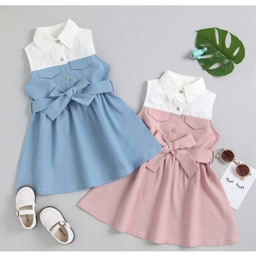 2-7 Years Kids Girls Casual Sleeveless Dress With Belt Contrast Color Spring Autumn Single-Breasted A-Line Dress For Girls