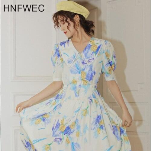 Peter Pan Collar Floral Chiffon Dress Summer Puff Sleeve Long Midi Dress Women Short Sleeve A Line Dress T891