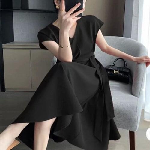 Plus Size Lace Up Black Womens Dress 2021 Short Sleeve Summer Dress Midi V-neck Loose Casual Party Dresses Elegant Robes 15232