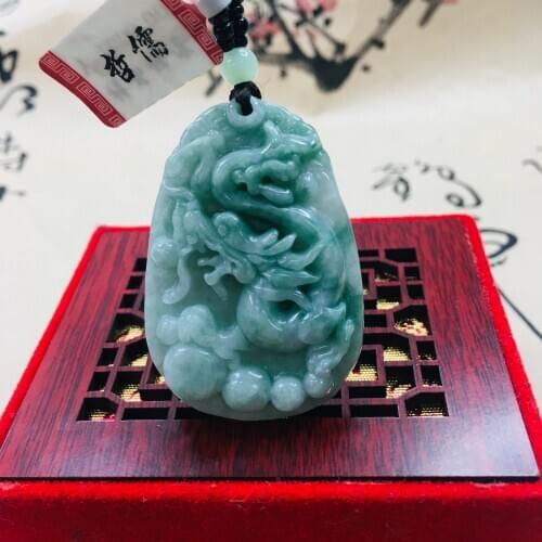 Zheru Pure natural Jadeite carved light green two-color oval dragon pendant Green bead sweater chain Send A certificate