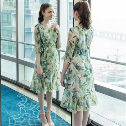 2020 Plus Size 5XL Women Floral Print Midi Dress Elegant Lady V Neck Half Sleeve Summer A-line Chiffon Dress m335