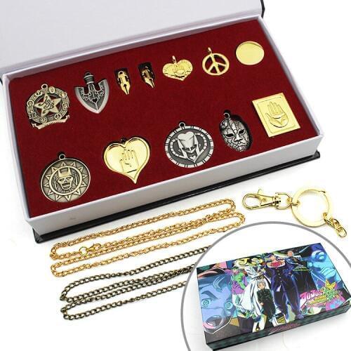 Anime JOJO JOJOS BIZARRE ADVENTURE Badges with Box Breastpin Keychain Set Necklace Pendant Toys Cosplay Props Collection Gift