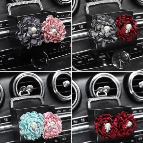 Car Outlet Air Vent Storage Box Leather Flower Auto Mobile Phone Holder Bag Stowing Tidying Girls Floral Interior Accessories
