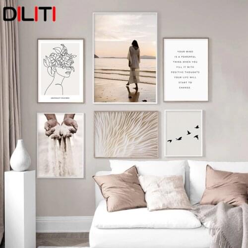 Boho Abstract Line Drawing Canvas Painting Beige Mushroom Wall Art for Living Room Women Print Poster Picture Home Decor