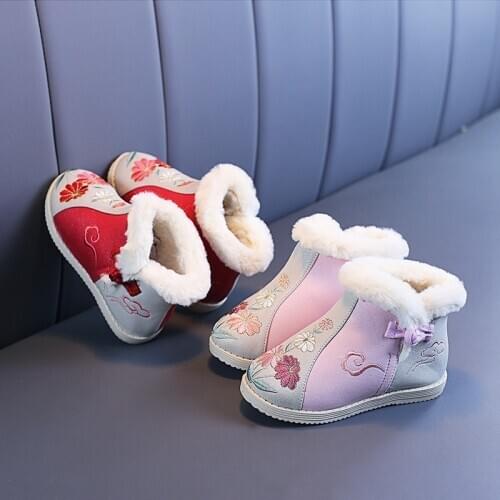 Winter Children Girls Embroidered Shoes Ethnic Style Boots Plush Flannel Shoes Kids Baby Cotton Boots Fashion Thicken Hanfu Shoe