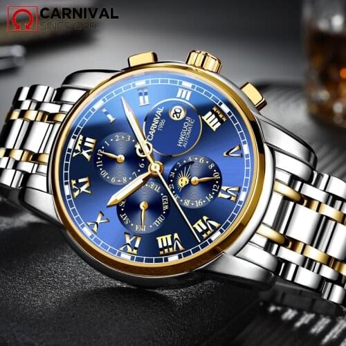 Fashion Men Blue Wrist Watch Week Display Mens Automatic Mechanical Watch Stainless Steel Male Clock Luminous Relogio Masculino