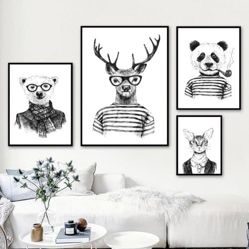 Bear Elk Cat Panda Hippo Bunny Pipe Glasses Hat Wall Art Canvas Painting Nordic Posters And Prints Wall Pictures Kids Room Decor
