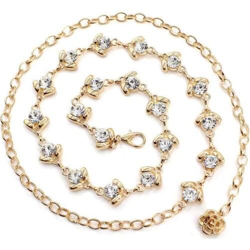 Designer Luxury Rhinestone Metal Waist Chain Gold Silver Color Thin Skinny Decorative Belts For Dress Elegant Feamle Belt 105cm