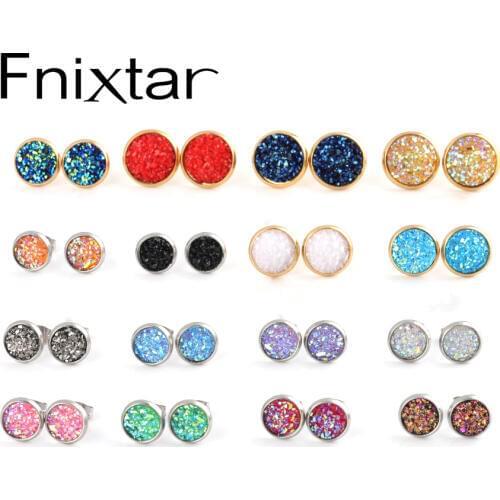 Fnixtar Sparking Crystal Drusy Earrings 8mm 10mm 12mm Mix Size Stainless Steel Druzy Quartz Stud Earrings Set