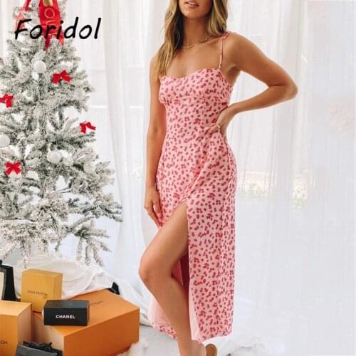 Foridol Floral Print Slit Long Dress Women Spaghetti Strap Maxi Summer Beach Sleeveless Dress 2021 Slip Sundress Pink Dress 2021