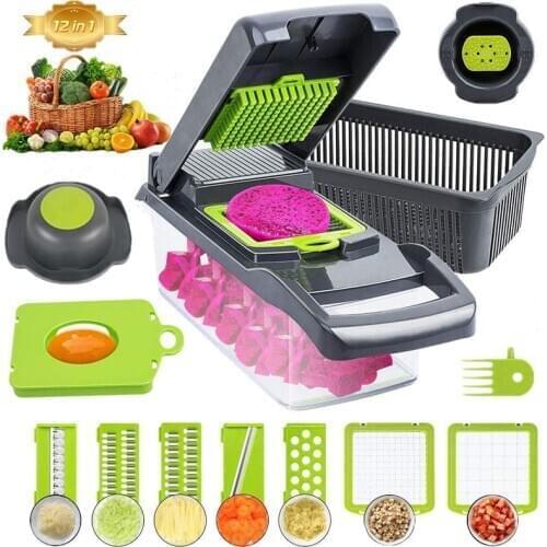 Vegetable Chopper Slicer Dicer - 12-in-1 Fruits Cutter Slicer Food Cutter with 7 Stainless Steel Blades with Storage Container