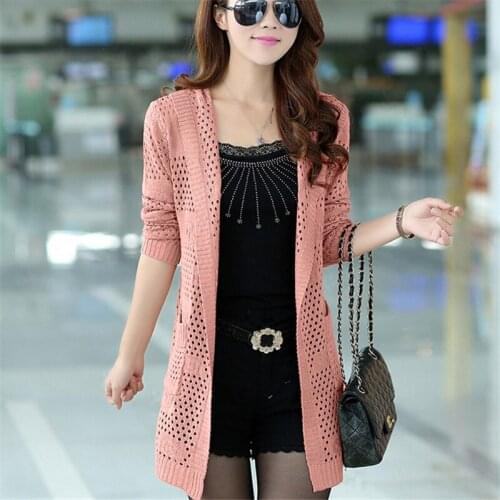 Women Sweater Mid Long Cardigan Fashion Spring Autumn Style Long Sleeve Hollow Knitted Cardigan Female Sweaters Jacket Coat