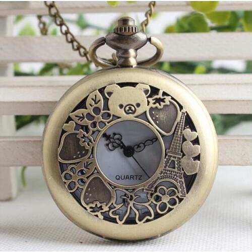 Kawaii Cartoon Doll Rilakkuma Relax Bear Pocket Watch Necklace Pendant Chain Quartz Womens Watch Bolso Kids Watches