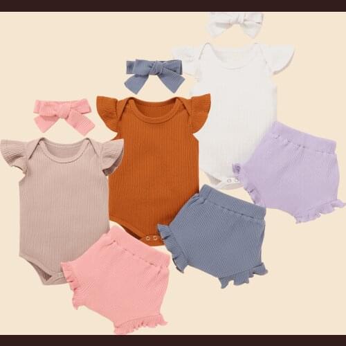 Summer Patchwork Baby Clothes for Girls 3Pcs Infant Girl Outfits Set Short Sleeve Ruffle Romper + Shorts + Headband Clothes