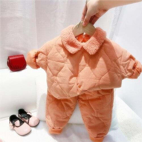 Winter Children Clothing Sets Baby Girls Velvet Turn-Down Collar Cotton Padded Jacket Tops+Pants 2Pcs Kids Thick Warm Snowsuits
