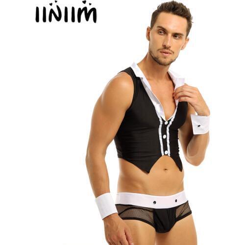 5pcs Mens Sexy Maid Role Play Costume Outfits Tops Boxer Underwear with Collar Handcuffs Lingerie Set Coustume Outfit Sexy Set