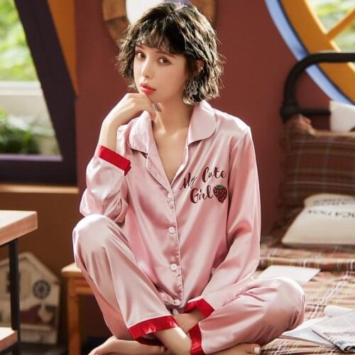 Korean Cute Strawberry Student Nightwear Women Satin Silk Pajamas Female Spring And Autumn Sexy Long-Sleeved 2Pcs Home Service