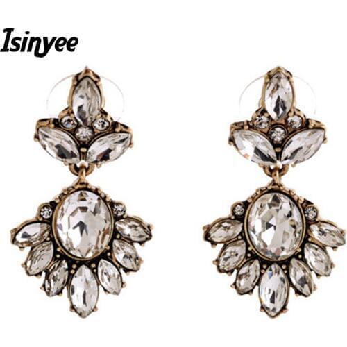 ISINYEE Fashion Flower Water Drop Earrings For Women Girls Vintage Gold Dangle Ear Big Crystal Hanging Jewelry