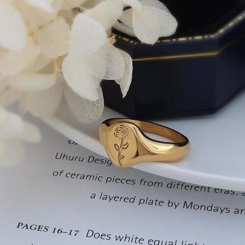 Trendy Rose Flower Finger Rings For Women Ladies Stainless Steel Gold Silver Color Geometric Signet Rings Jewelry Party Gift