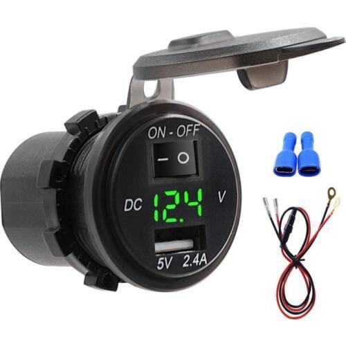 Motorcycle Switch Usb Charger Waterproof 2.4A Digital Display Voltmeter 12V-24V Car Boat Charger With 20A Fuse 60cm Cable