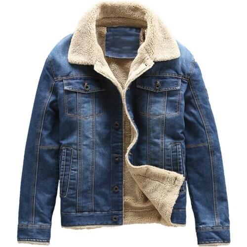 Mens Coat Boutique Fashion Winter Warm Plus Velvet Thick Blue Male Casual Denim Jacket Lamb Wool Cotton