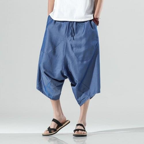 2021 Men Chinese Style Harem Pants Mens Retro Streetwear Wide Leg Beach Shorts Male Casual Calf--Lenght Trousers