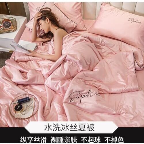 4PCS Set Air Condition Quilts Duvet New 100% Silk Bed Linens Summer Comforter Washed Cotton Throw Blankets Summer Solid Bedding