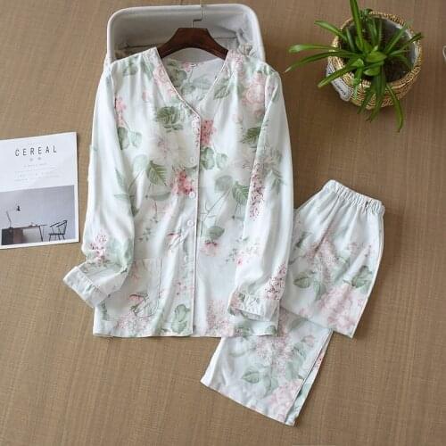 Chest Pad Pajamas Set Women Casual Mom Homewear Flower Print Sleepwear Long Shirt Pants 2 Piece/Set Fashion PJS