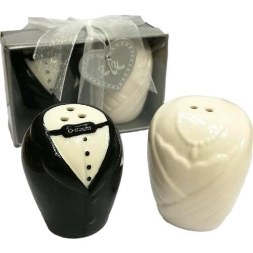 Wholesale 100pcs(50sets)/LOT bride and groom ceramic salt and pepper shakers for bridal shower favors wedding return gifts