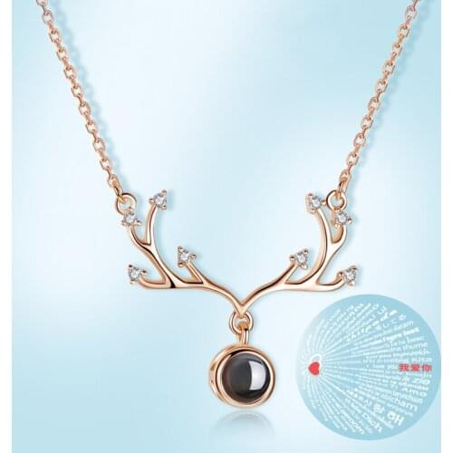 I Love You Necklace 100 Languages Antler Necklaces For Women Lover Rose Gold Silver Color Chain Female Pendant Necklace Jewelry