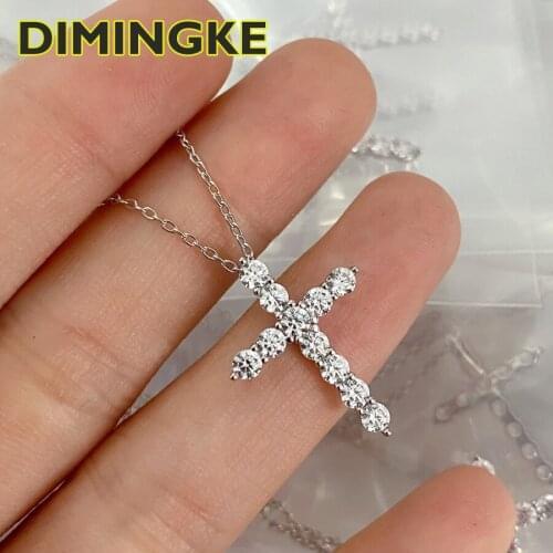 DIMINGKE Brown Teaching Cross Super Flash Diamond Necklace S925 Sterling Silver Woman Jewelry Party Birthday Gift