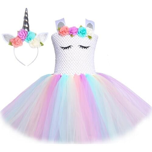 Pastel Unicorn Tutu Dress Girl Kids Flower Birthday Party Dress Tulle Fancy Dress for Children Purim Christmas Halloween Costume