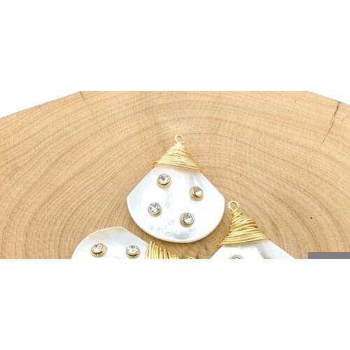 Natural shell Pendant & fan Shape CZ Paved Pearl With cubic zirconia stone paved wire wrapping shell Charm Pendant jewelry