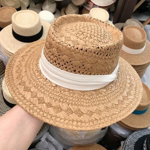 New Fashion Panama Sun Hats For Women New Handmade Straw Beach Hat Summer Holiday Fashion Concave Flat Sun Protection Visor Caps