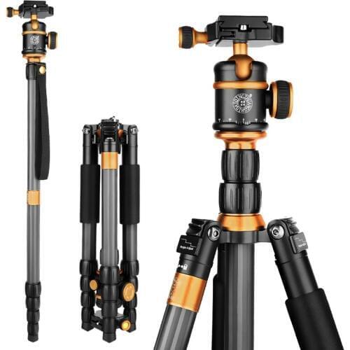 QZSD Q888C Carbon Fiber Camera Tripod Monopod Extendable Professional Travel Video Tripod with Ball Head and Quick Release Plate