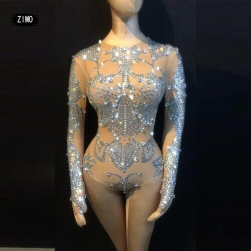 Sexy Silver Rhinestone Bodysuit Womens bar Nightclub Showgirl Dance pole Party Elastic Leotard Stage Costumes festival fashion