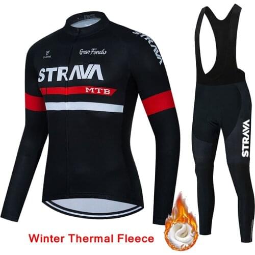 Warm 2021 STRAVA Winter Cycling Jersey Set Men Thermal Fleece Bib Pants Outdoor Riding MTB Ropa Ciclismo Black Cycling Clothing