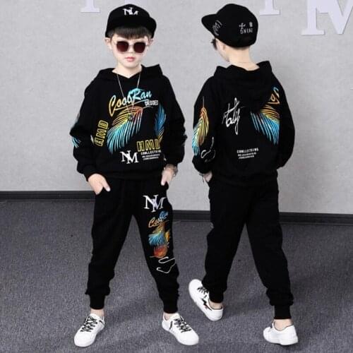 Spring and Autumn Childrens Hoodie Boys Girls Sports Suit Long Sleeve Feather Print Fashion Hip Hop 4 6 8 10 12 13 14 16 Years