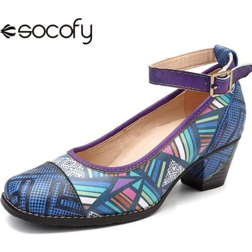 SOCOFY Retro Bohemia Genuine Leather Splicing Colorful Geometric Pattern Comfortable Buckle Strap Vintage Pumps For Spring New