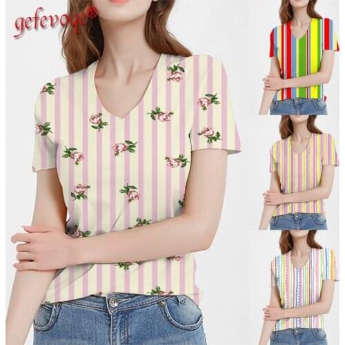 Summer Clothes For Women Stripe Graphic Printing T Shirts Short Sleeve V-neck Tops Aesthetic Casual T Shirt Mujer Streetwear Tee