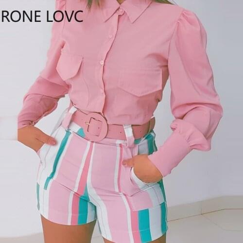 Women Flap Detail Long Sleeve Shirt & Striped Print Shorts Set Summer Outfits 2021