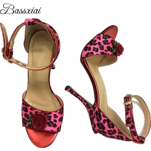 Sexy Leopard One-Strap Party Sandals Women 10cm Thin High Heels Cover Heel Carved Rose Flower Summer Sandalias Mujer