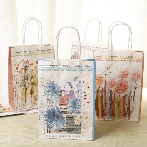 10Pcs Watercolor painting Flower paper bag Festival gift bags Paper bags with handle Mutifunction children gift bags 25*18*10cm