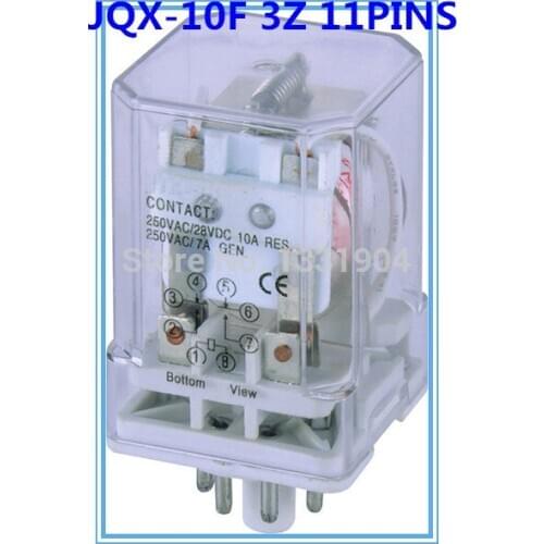 10PCS/LOT JQX-10F 3Z DC 12V Coil 7.5A 250V AC 10A coil AC/DC 6V to 380V Power Relay 11 Pins DPDT GENERAL PURPOSE RELAY