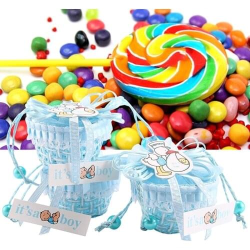 12Pcs Candy Box Gender Reveal Birthday Baptism Baby Shower Party Favors Basket with Ribbon