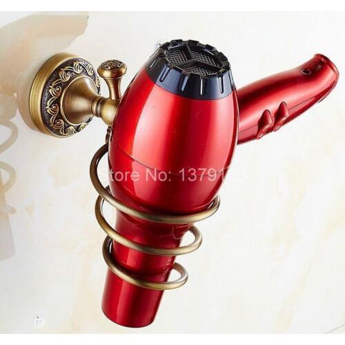 Antique Brass Carved Flower Pattern Hair Dryer Holder Wall Mounted Dryer Holder Bathroom Accessories Bath Hardware aba488