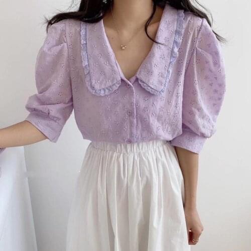 Women Spring Summer V Neck Blouses Shirts Ladies Casual Short Sleeve Peter Pan Collar Lace Blouse Korean Slim Student Tops