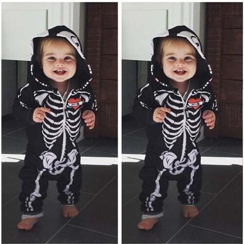 Kids Halloween Funny Costume Baby Boys Spring Autumn Black Skull Long Sleeve One-piece Zipper Romper Hooded Jumpsuit Boys Outfit